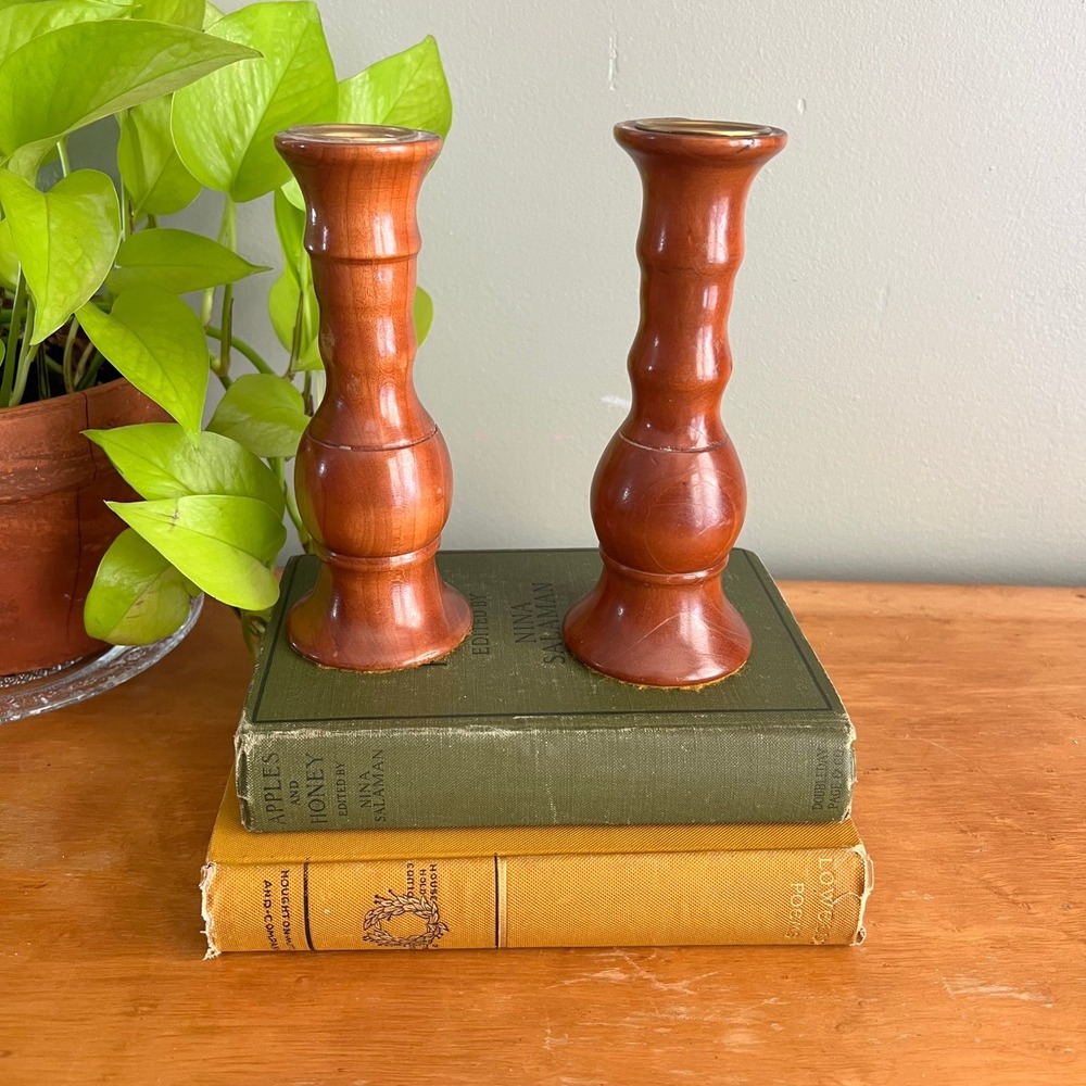 Handcrafted Cherry Wood Candlestick Pair Vintage 1992 Taper Holder Cottage Core